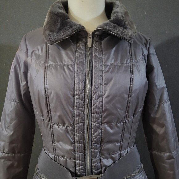 NY&CO Jacket Faux Fur Trim Packable Nylon Puffer Jacket size S color Silver - Picture 4 of 10